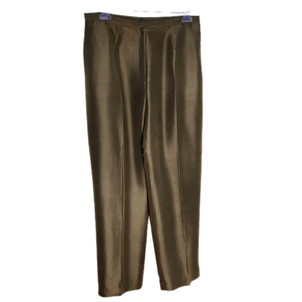 KASPER A.S.L PETITE MOSSY/GREEN-BROWN 00% SILK DESIGNER PANTS - Picture 2 of 4